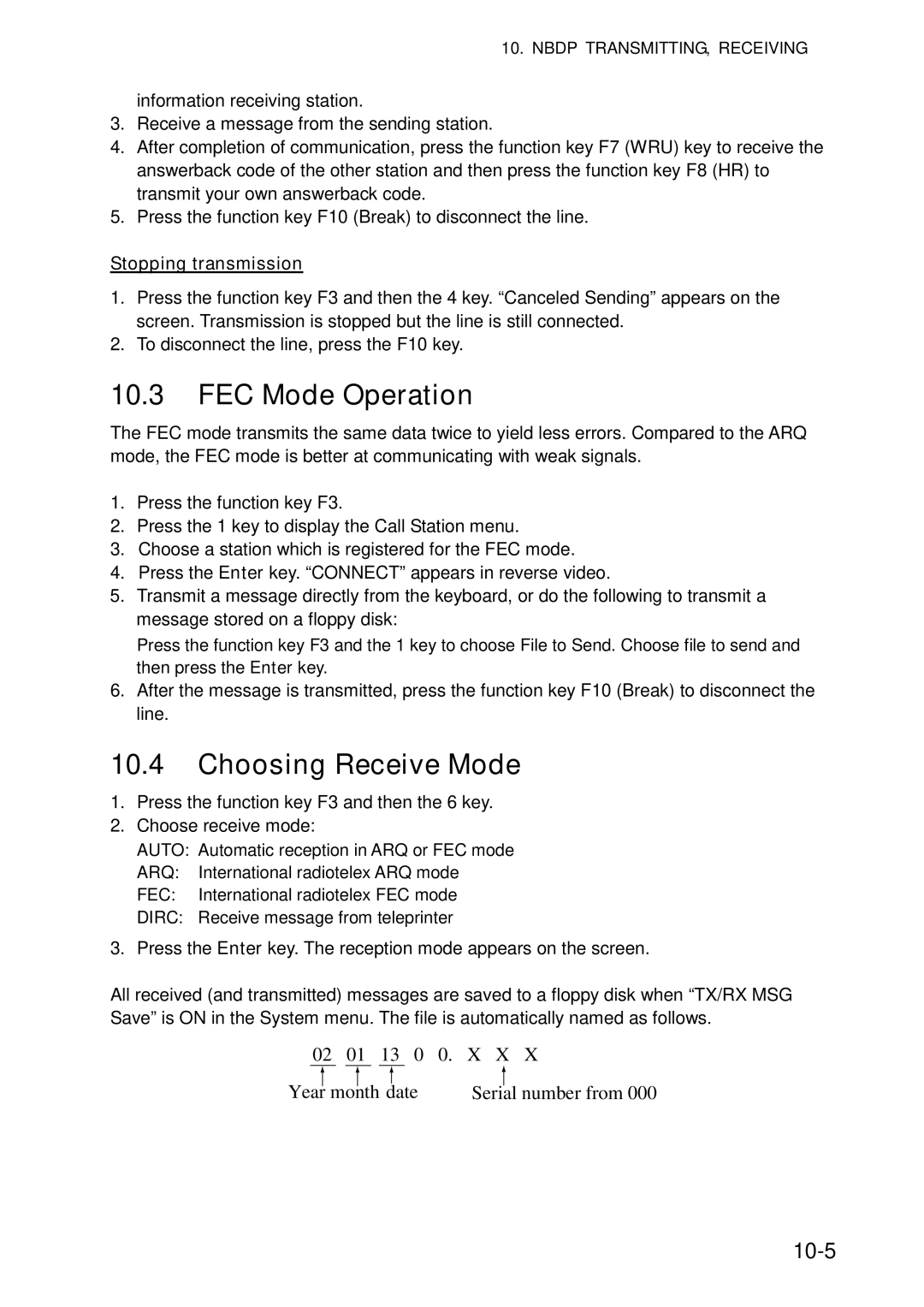 Furuno FS-5070 manual FEC Mode Operation, Choosing Receive Mode, 10-5, Stopping transmission 