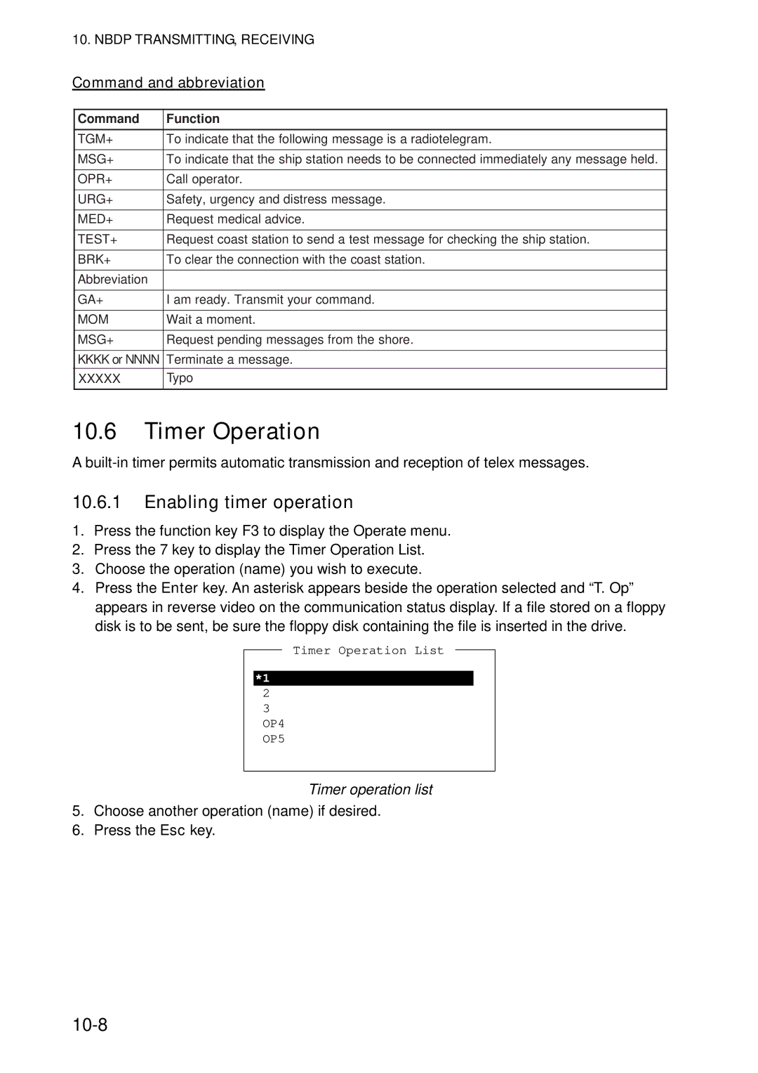 Furuno FS-5070 manual Timer Operation, Enabling timer operation, 10-8, Command and abbreviation, Timer operation list 