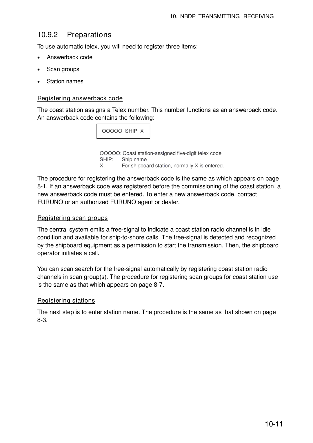 Furuno FS-5070 manual Preparations, 10-11, Registering answerback code, Registering scan groups, Registering stations 