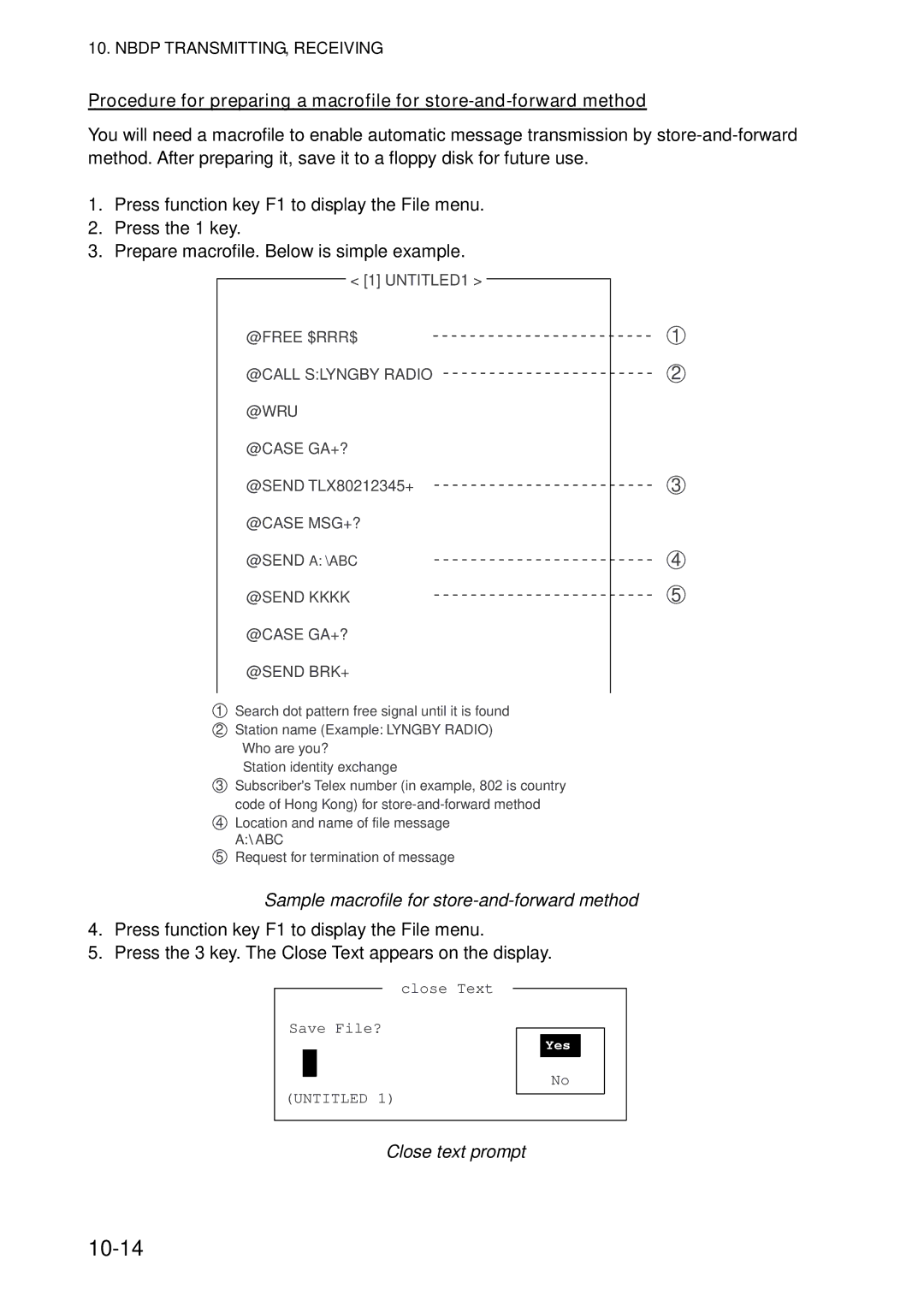 Furuno FS-5070 manual 10-14, Sample macrofile for store-and-forward method, Close text prompt 