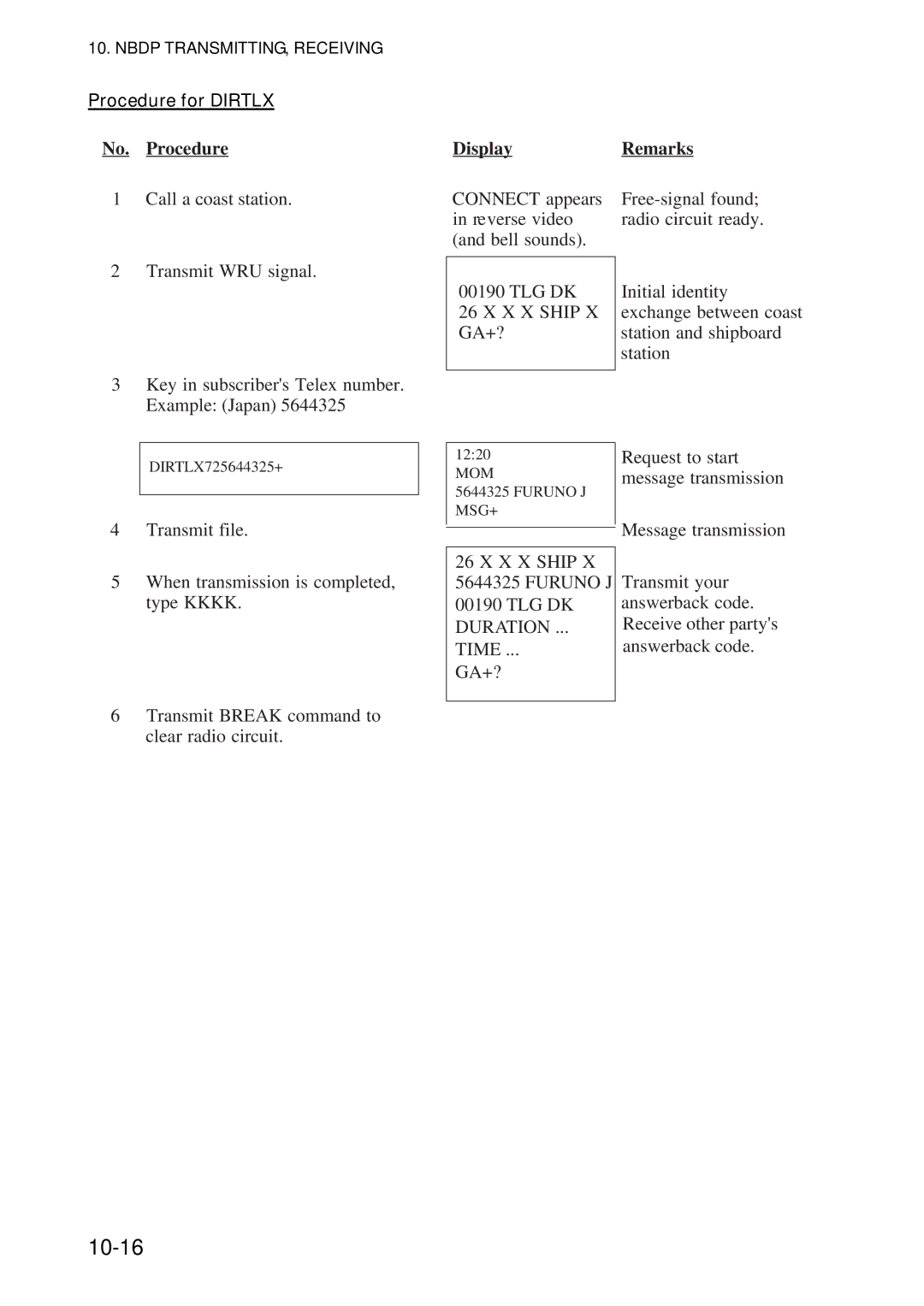 Furuno FS-5070 manual 10-16, Procedure for Dirtlx 