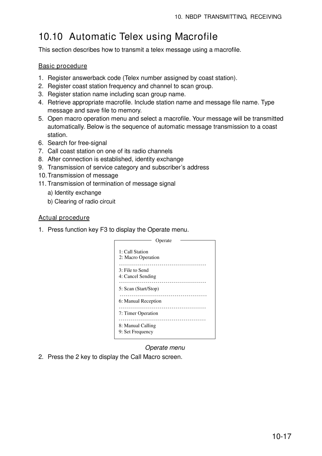 Furuno FS-5070 manual Automatic Telex using Macrofile, 10-17, Basic procedure, Actual procedure 