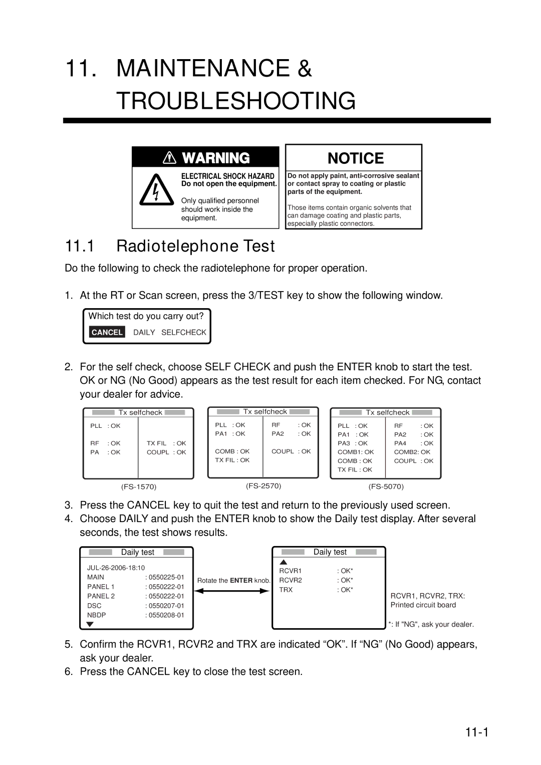 Furuno FS-5070 manual Maintenance & Troubleshooting, Radiotelephone Test, 11-1 