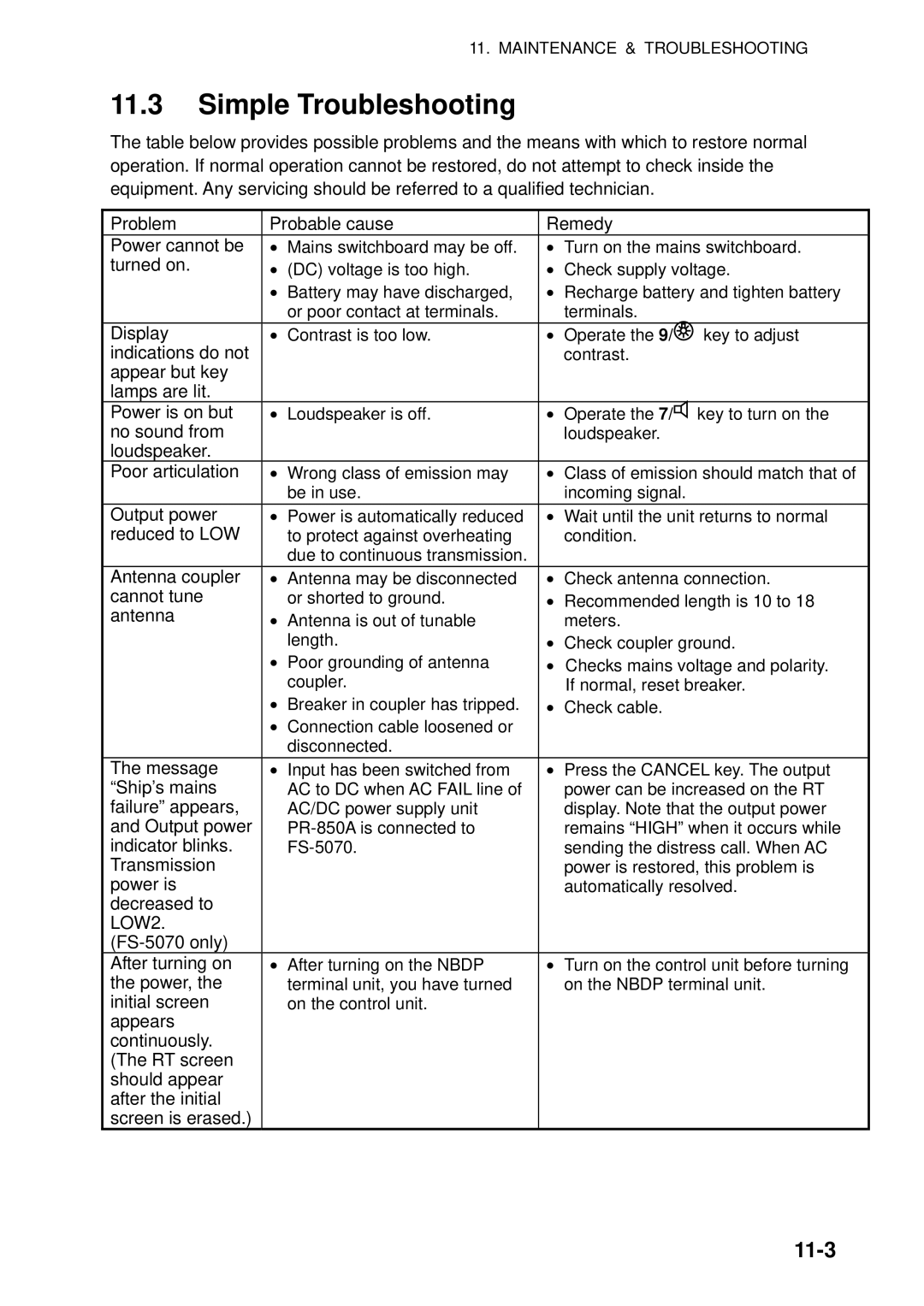 Furuno FS-5070 manual Simple Troubleshooting, 11-3 