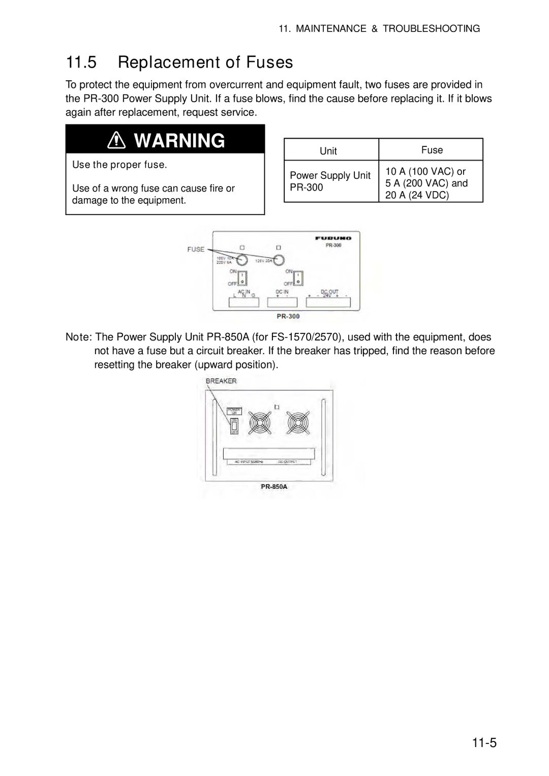 Furuno FS-5070 manual Replacement of Fuses, 11-5 