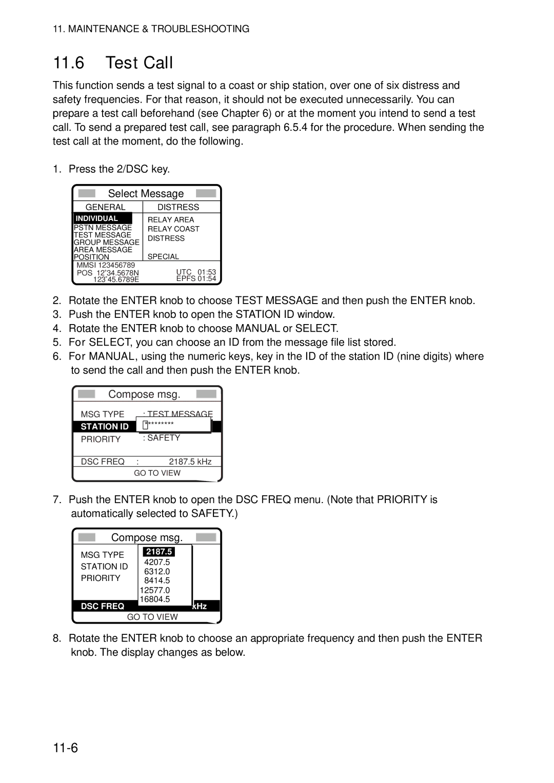 Furuno FS-5070 manual Test Call, 11-6 
