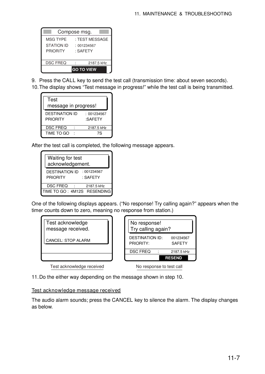 Furuno FS-5070 manual 11-7, Do the either way depending on the message shown in step, Test acknowledge message received 