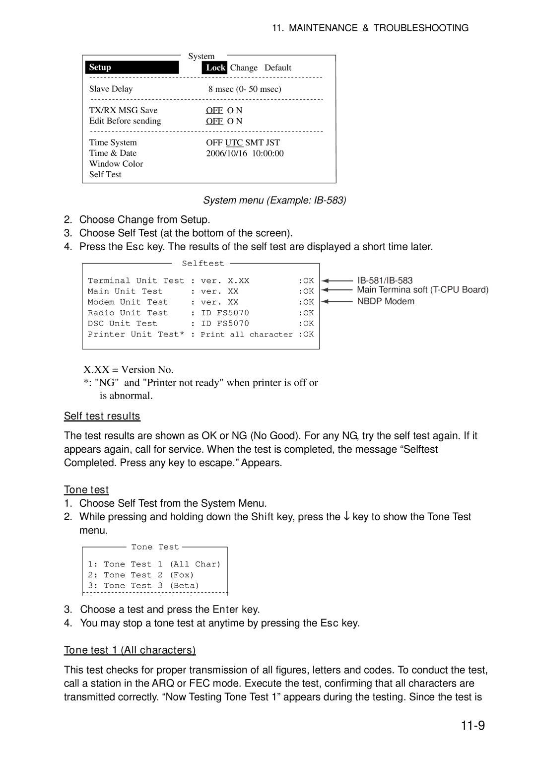 Furuno FS-5070 manual 11-9, System menu Example IB-583, Self test results, Tone test 1 All characters 