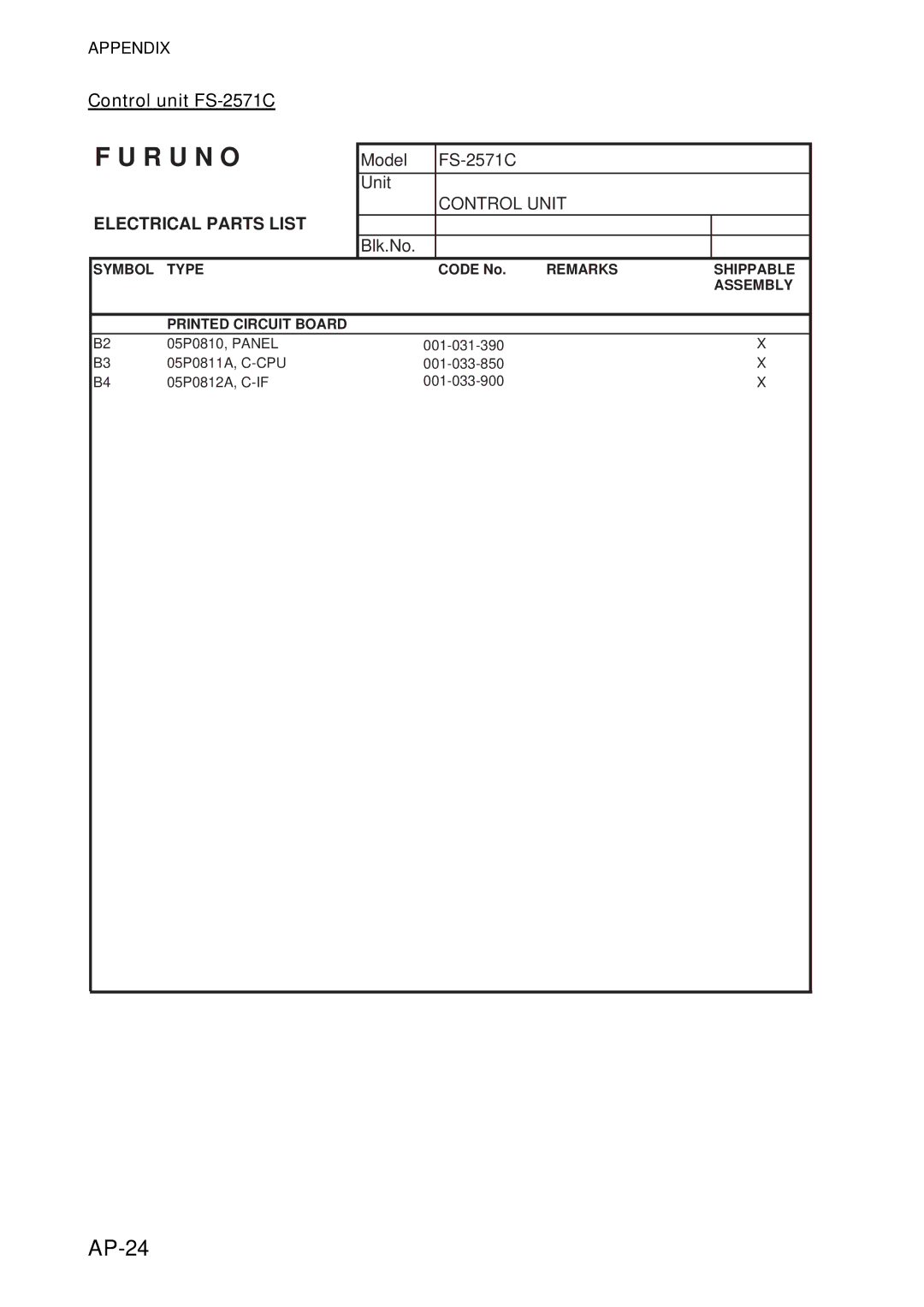 Furuno FS-5070 manual AP-24, Control unit FS-2571C 