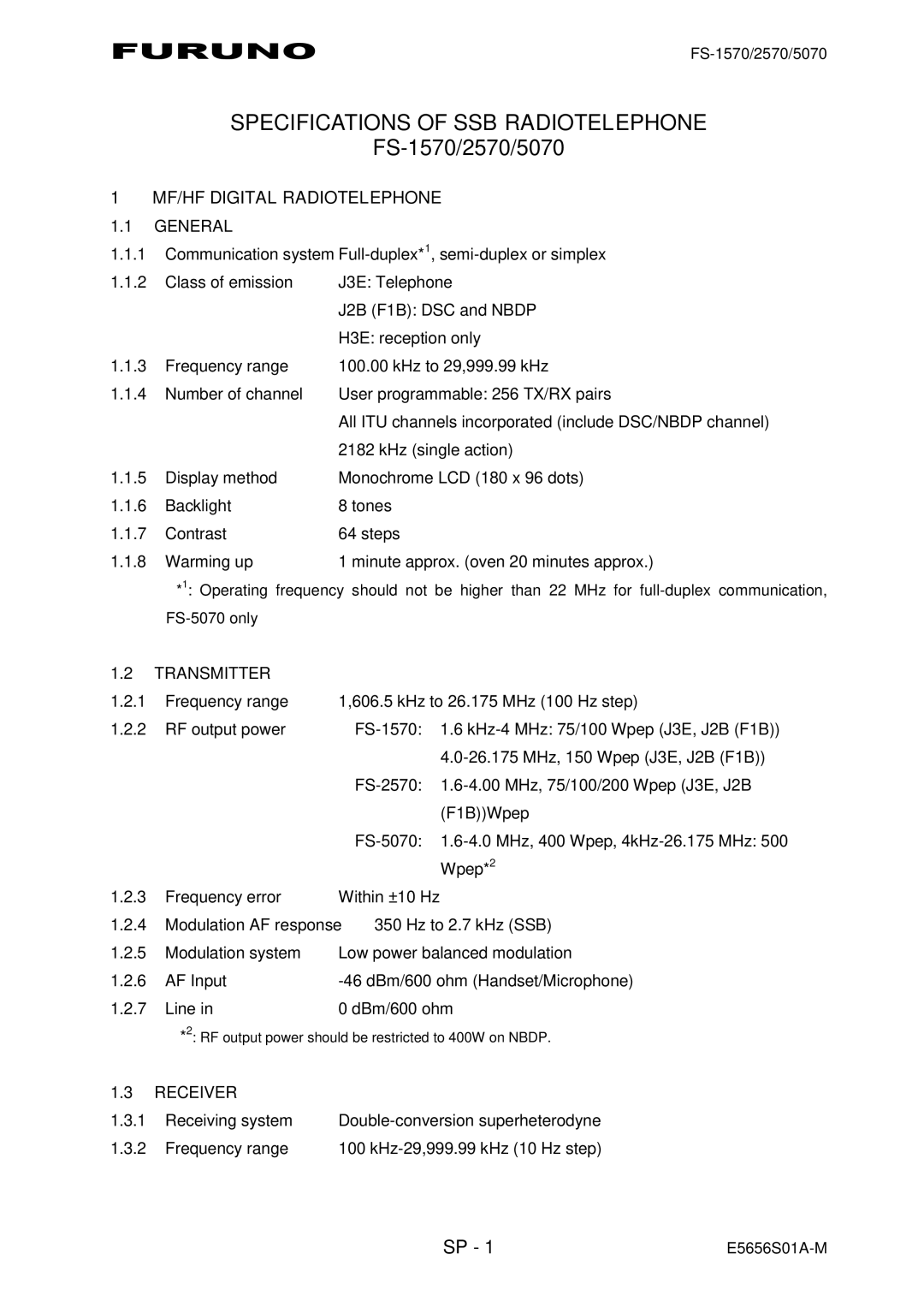 Furuno FS-5070 manual Specifications of SSB Radiotelephone, FS-1570/2570/5070 