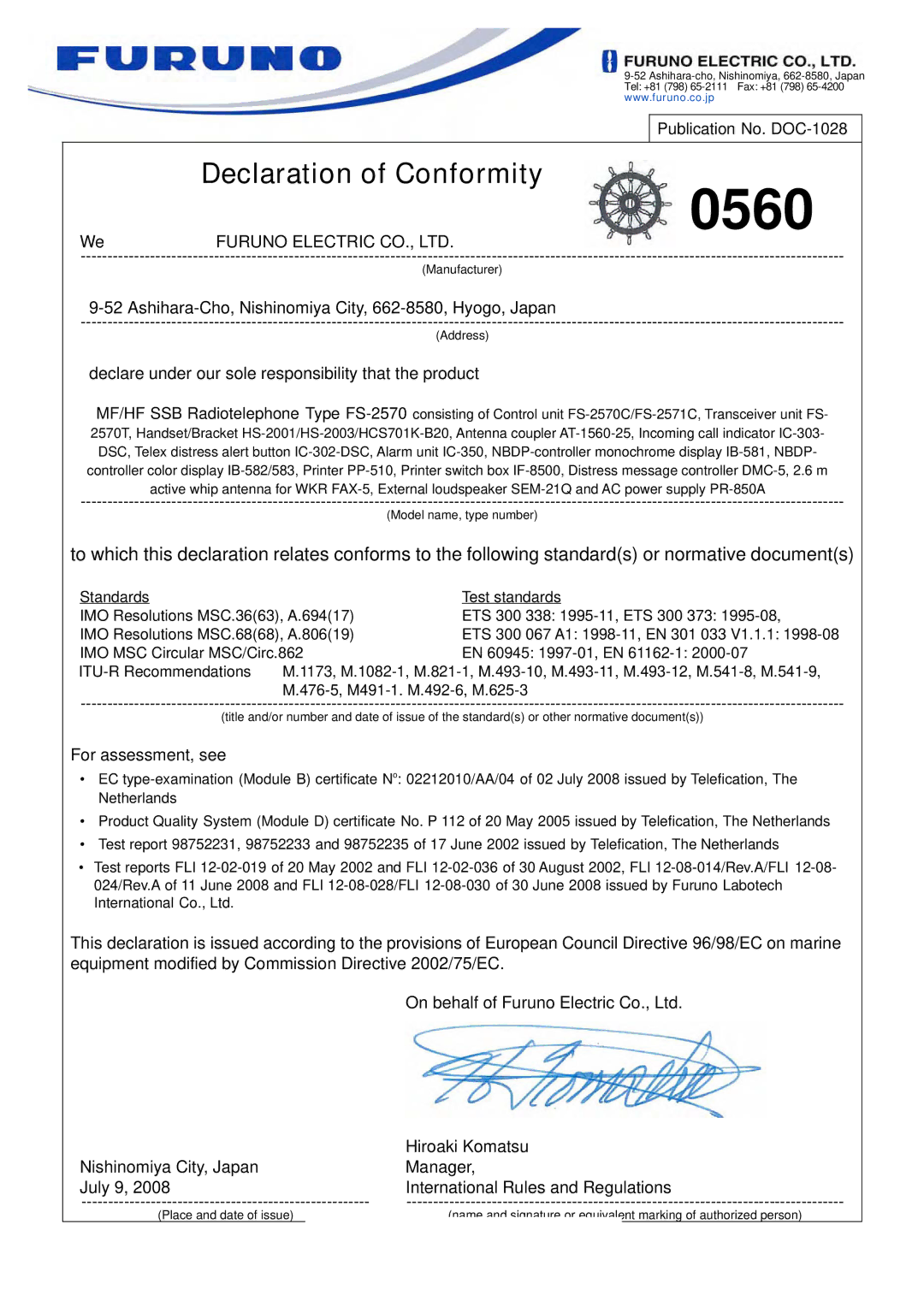 Furuno FS-5070 manual Publication No. DOC-1028 