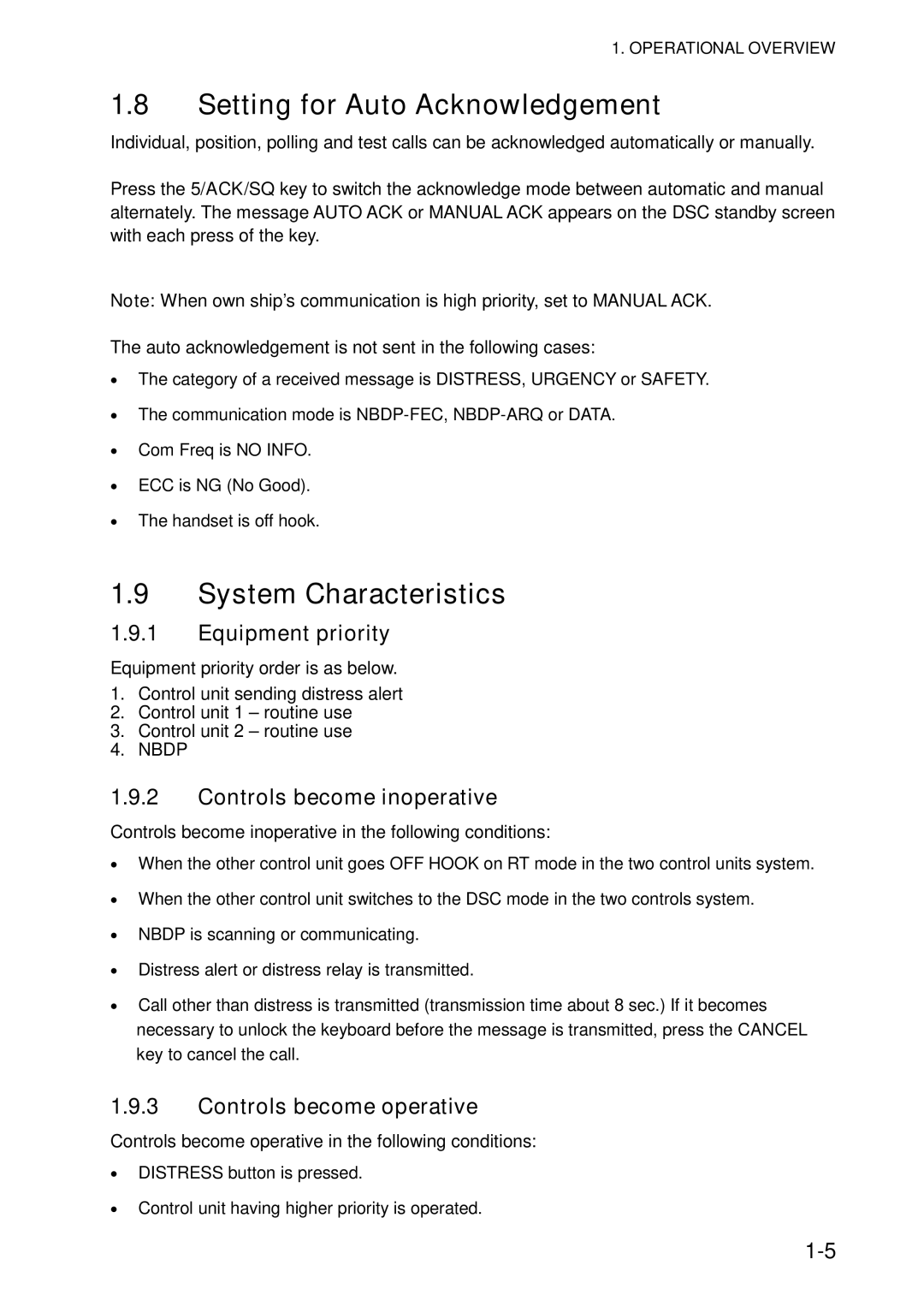 Furuno FS-5070 Setting for Auto Acknowledgement, System Characteristics, Equipment priority, Controls become inoperative 