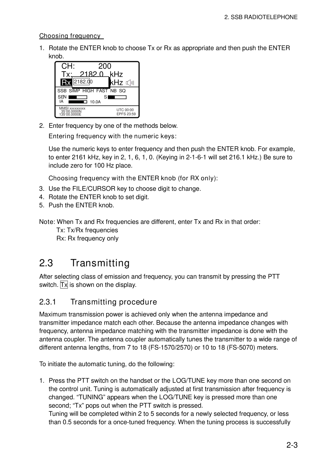 Furuno FS-5070 manual Transmitting procedure, Choosing frequency, Entering frequency with the numeric keys 