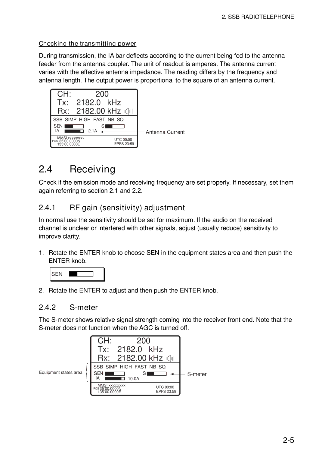 Furuno FS-5070 manual Receiving, RF gain sensitivity adjustment, Meter, Checking the transmitting power 