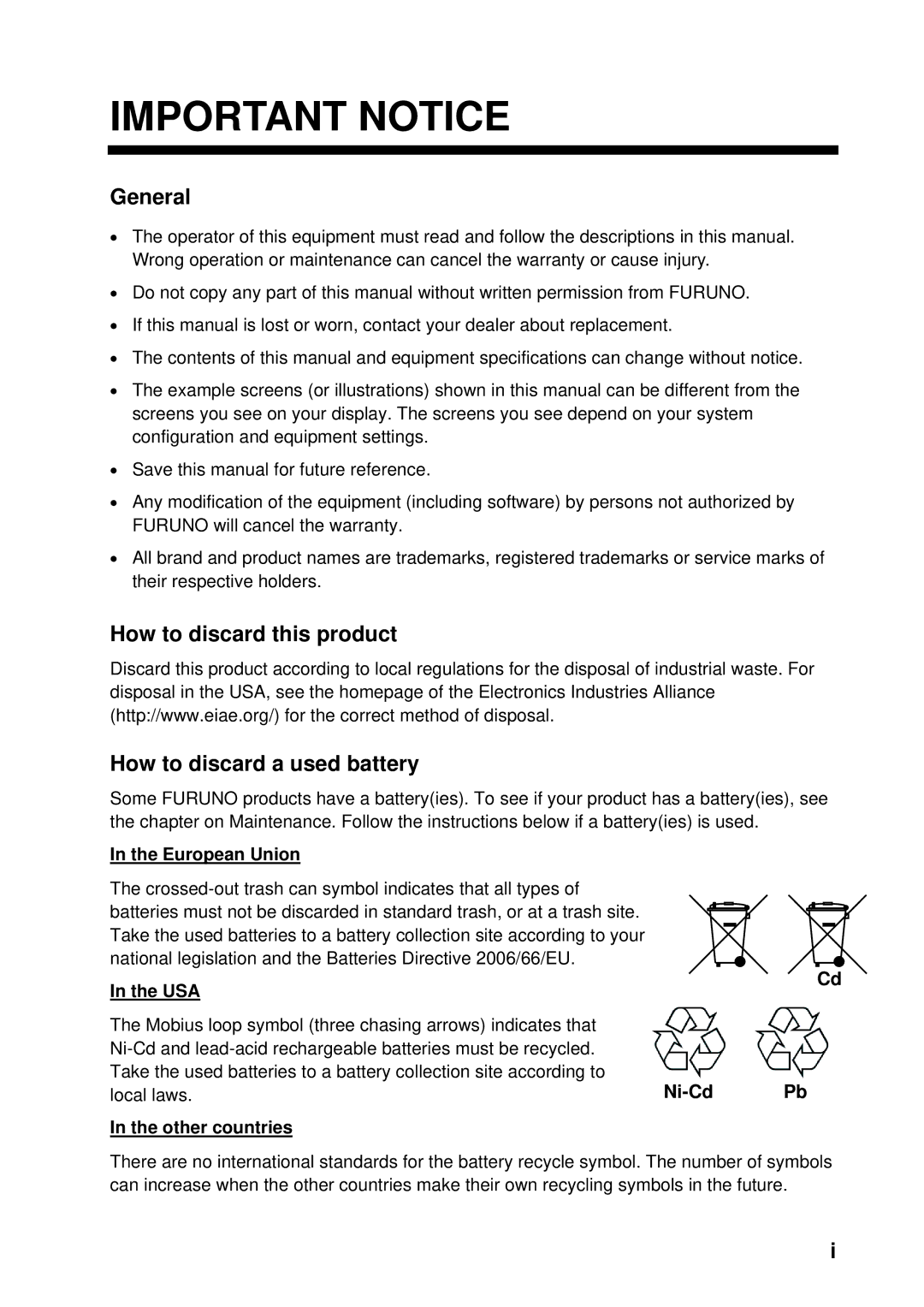 Furuno FS-5070 manual Important Notice, General, How to discard this product How to discard a used battery 