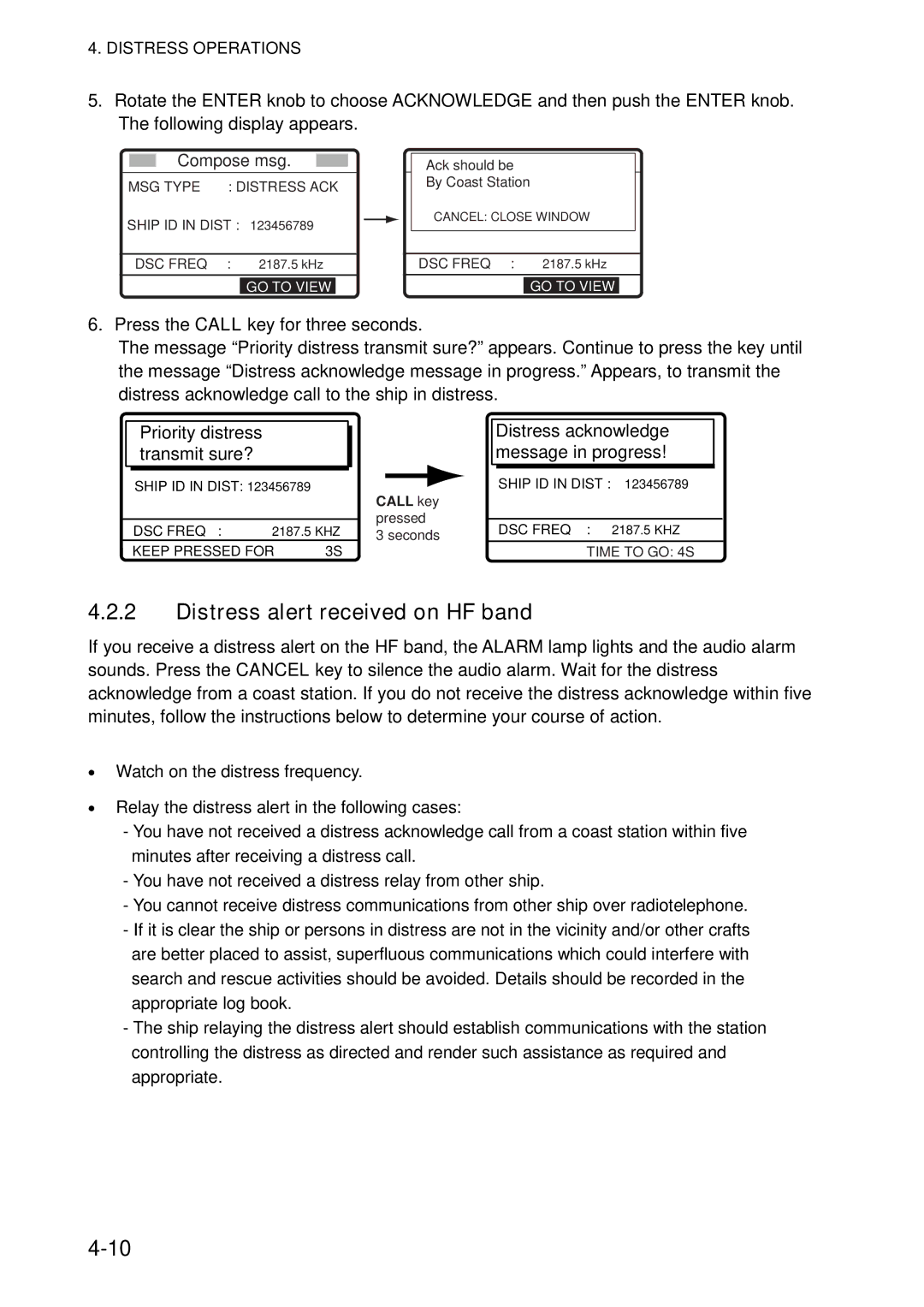 Furuno FS-5070 manual Distress alert received on HF band, Distress acknowledge message in progress 