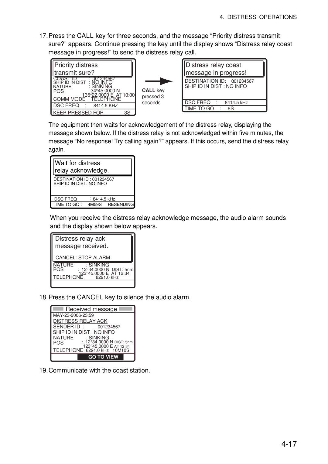 Furuno FS-5070 manual Priority distress Transmit sure?, Distress relay coast message in progress 