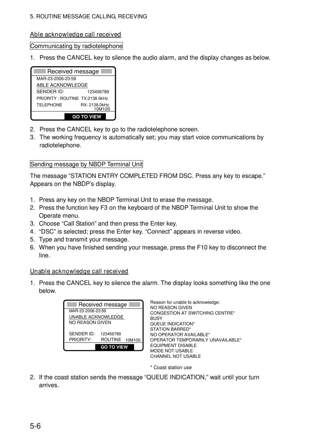 Furuno FS-5070 manual Able acknowledge call received, Unable acknowledge call received 