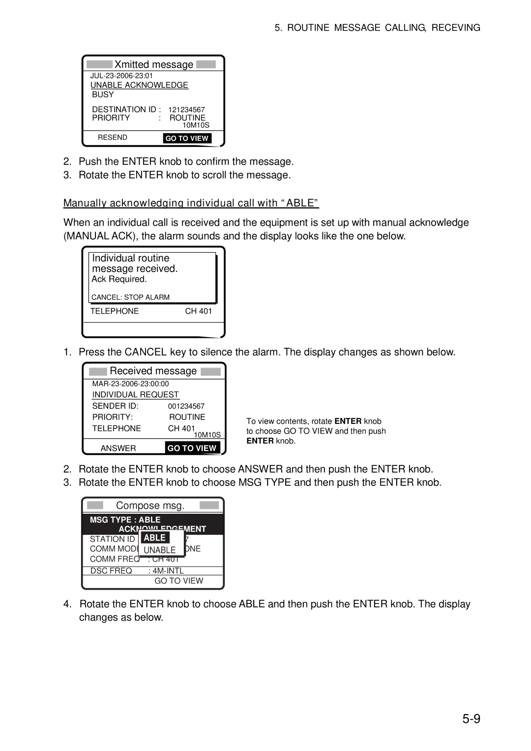 Furuno FS-5070 manual Manually acknowledging individual call with Able, Compose msg 