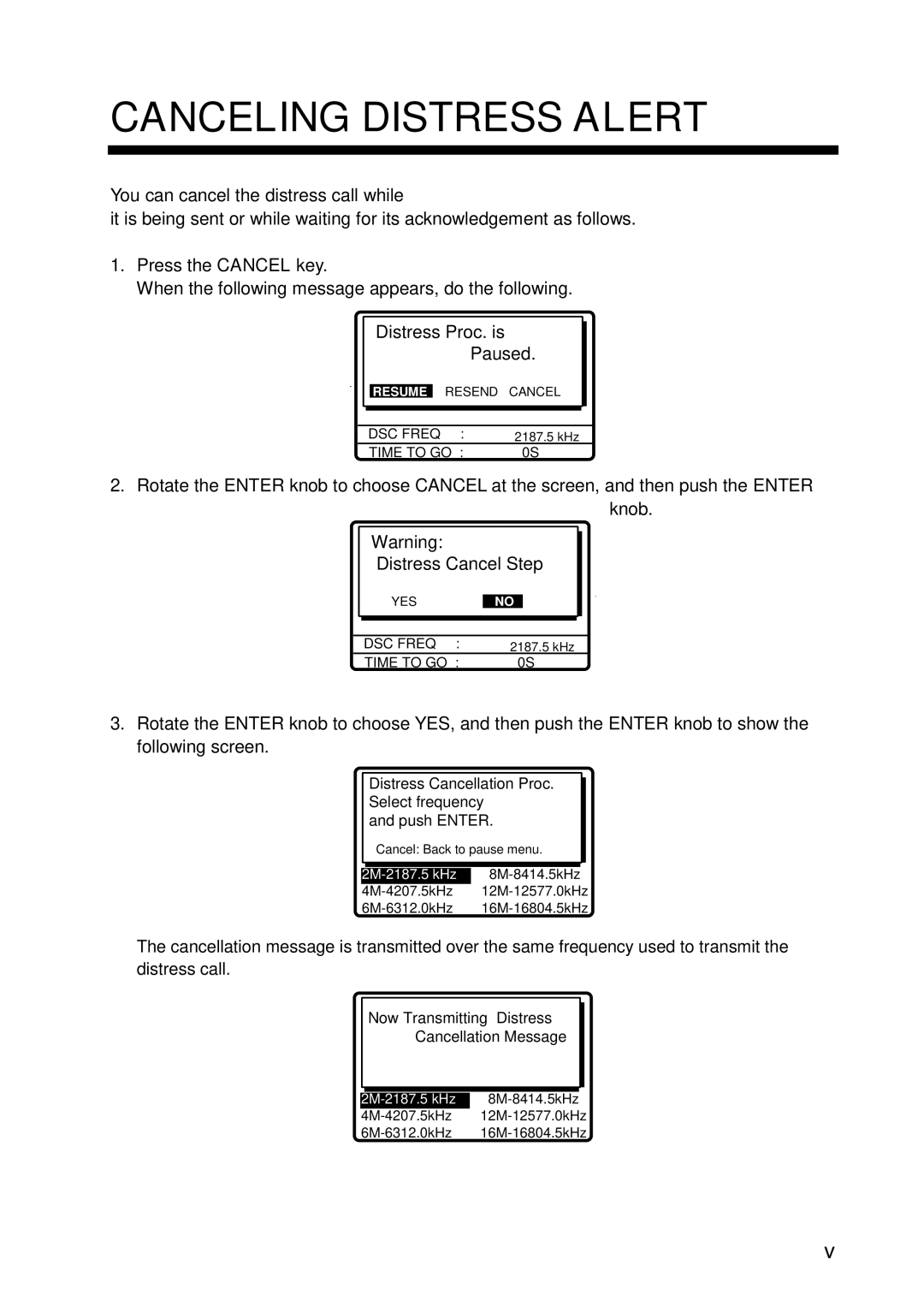 Furuno FS-5070 manual Canceling Distress Alert, Distress Cancellation Proc. Select frequency Push Enter 
