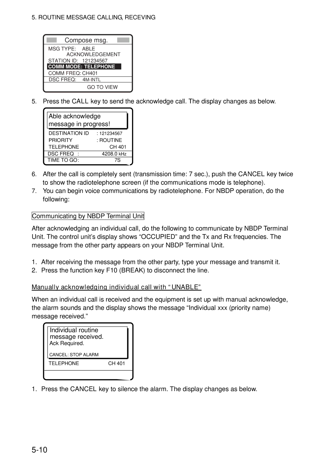 Furuno FS-5070 manual Manually acknowledging individual call with Unable 