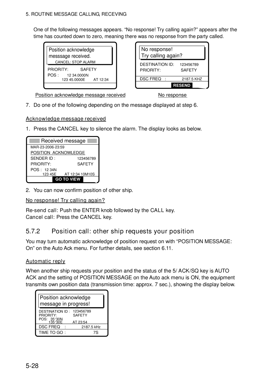 Furuno FS-5070 manual Position call other ship requests your position, Acknowledge message received, Automatic reply 