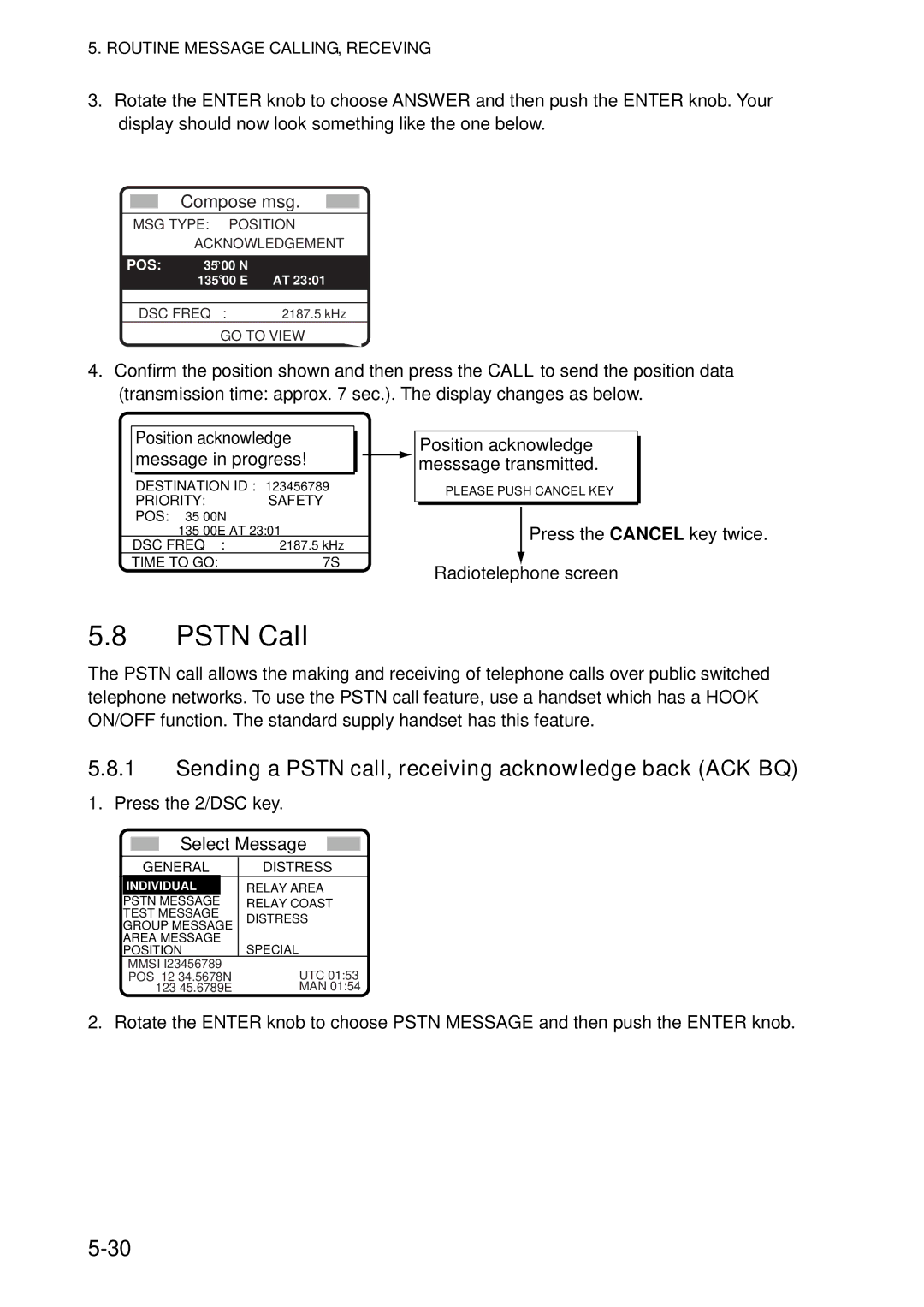 Furuno FS-5070 manual Pstn Call, Sending a Pstn call, receiving acknowledge back ACK BQ 