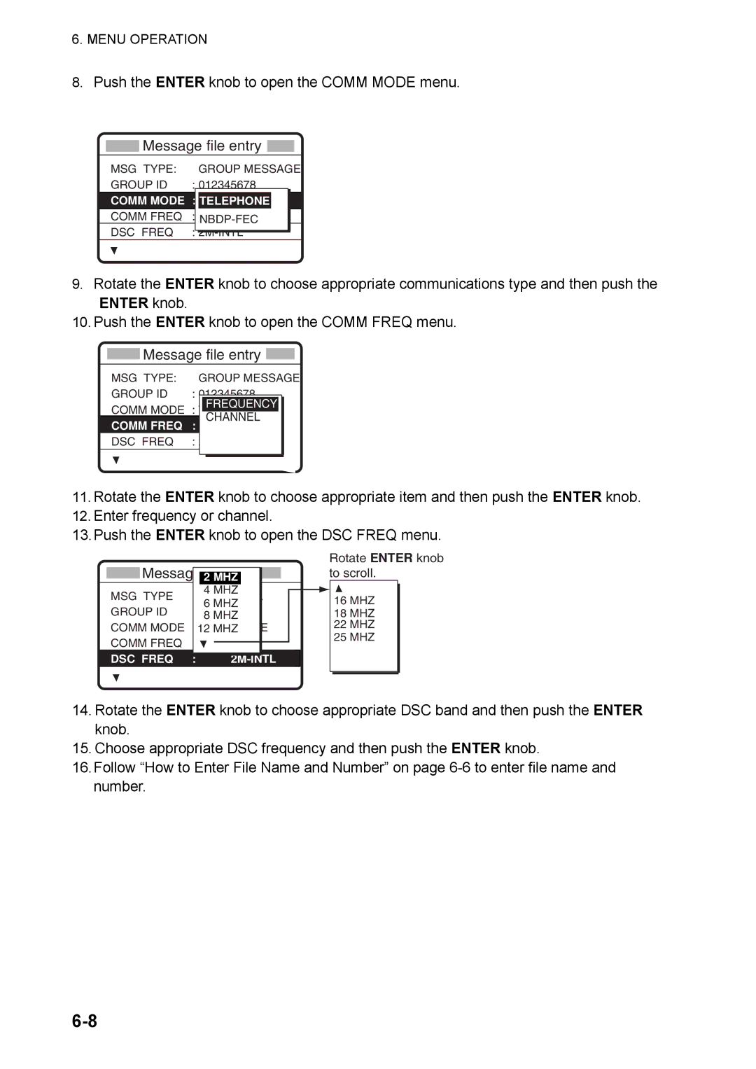 Furuno FS-5070 manual Push the Enter knob to open the Comm Mode menu, Message 2 MHZ 