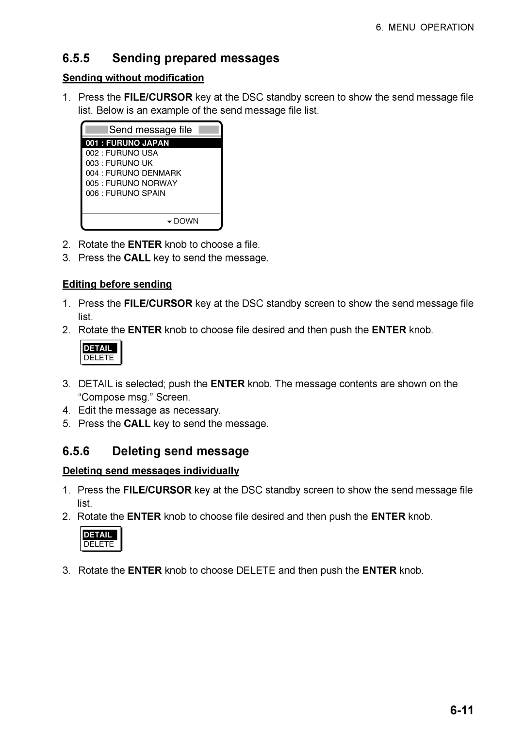 Furuno FS-5070 Sending prepared messages, Deleting send message, Sending without modification, Editing before sending 