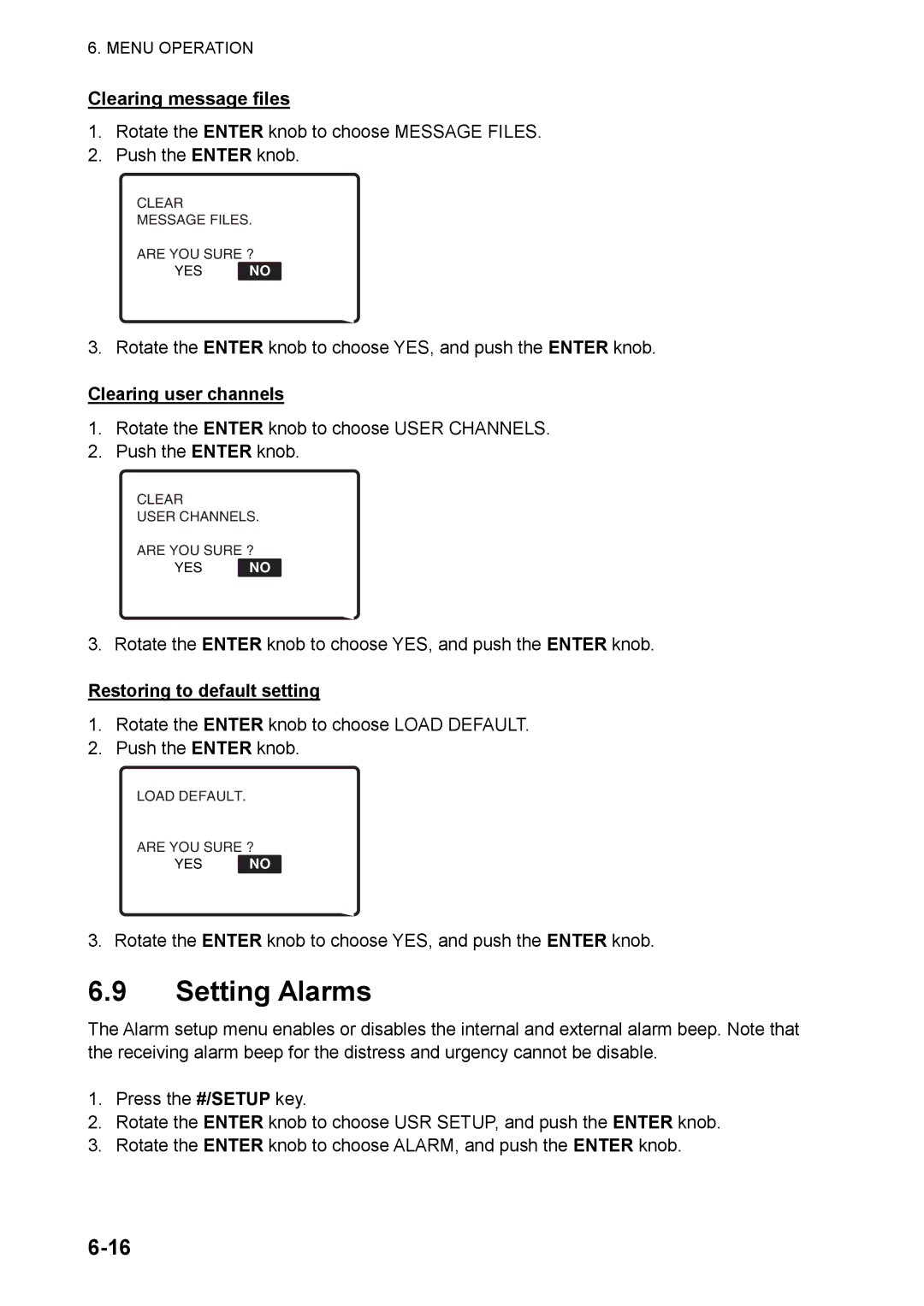 Furuno FS-5070 manual Setting Alarms, Clearing user channels, Restoring to default setting 