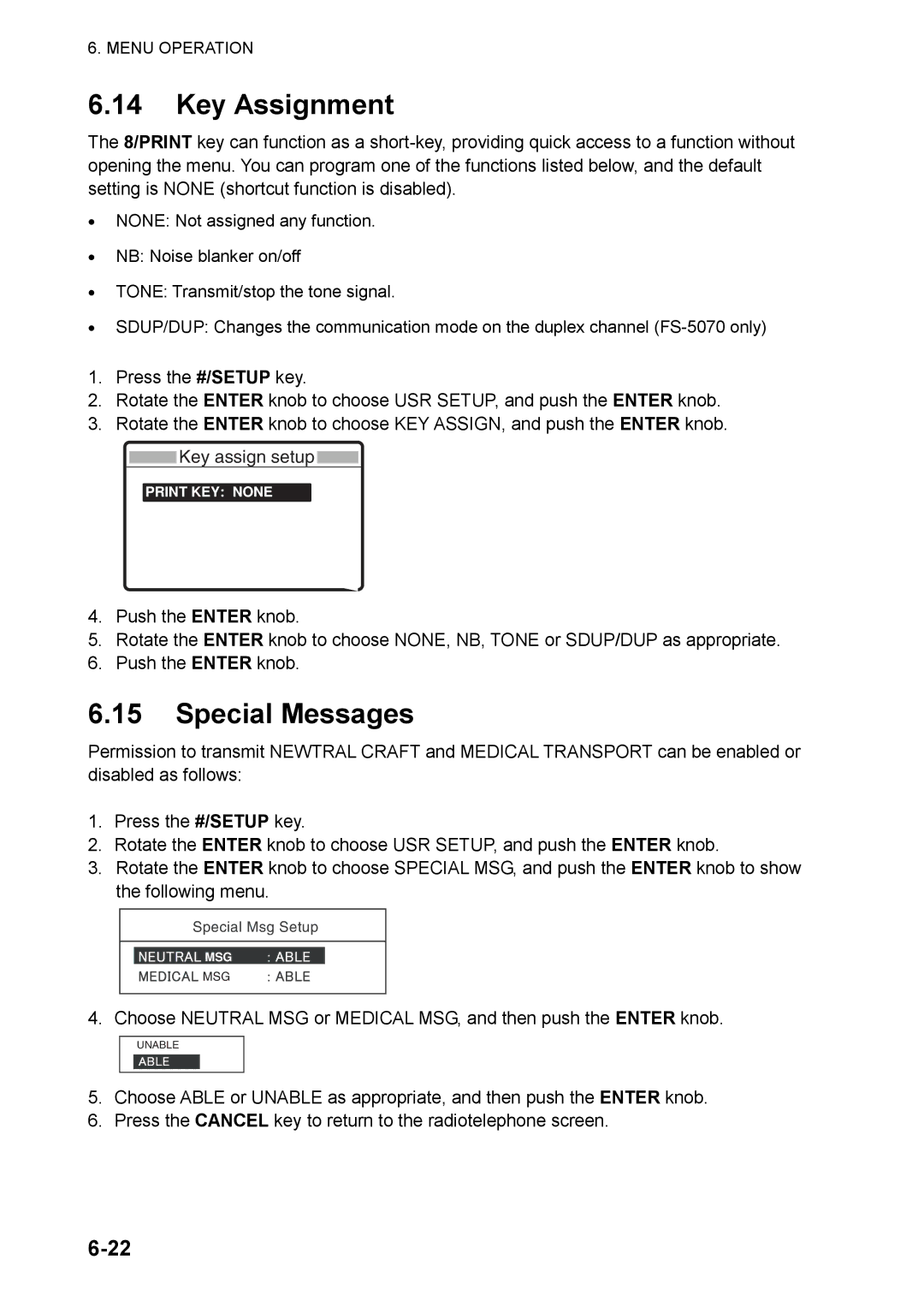 Furuno FS-5070 manual Key Assignment, Special Messages, Key assign setup 