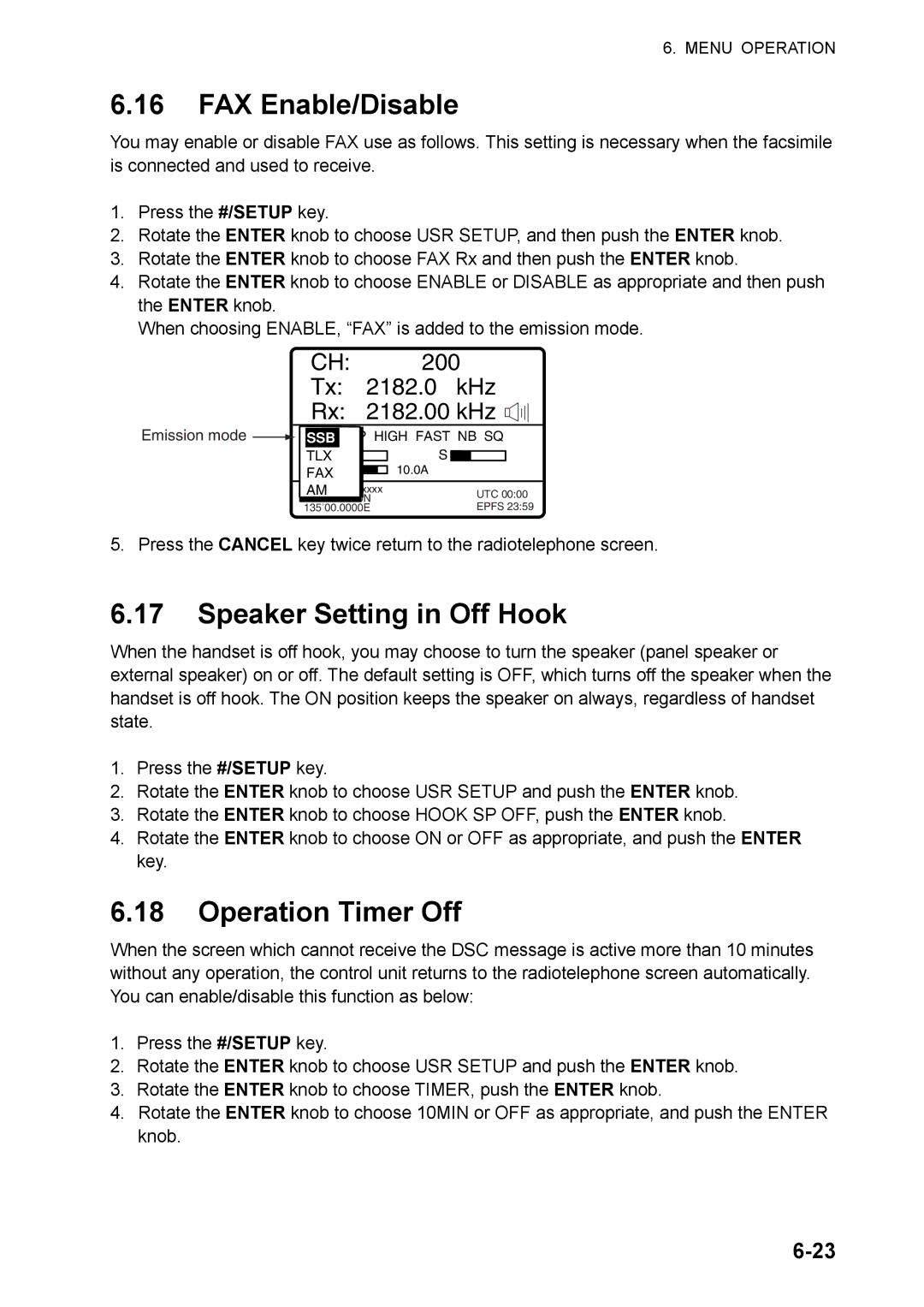 Furuno FS-5070 manual FAX Enable/Disable, Speaker Setting in Off Hook, Operation Timer Off 