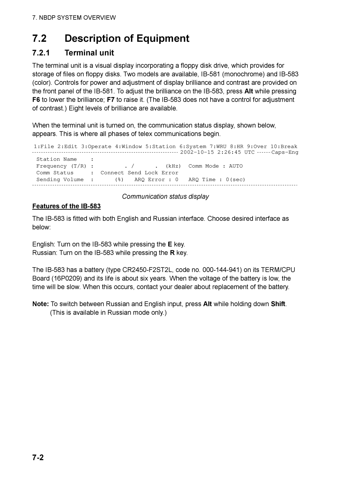 Furuno FS-5070 manual Description of Equipment, Terminal unit, Communication status display, Features of the IB-583 