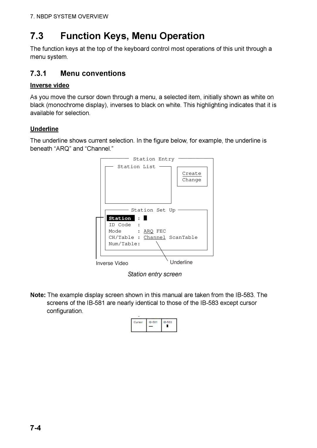 Furuno FS-5070 manual Function Keys, Menu Operation, Menu conventions, Inverse video, Underline, Station entry screen 