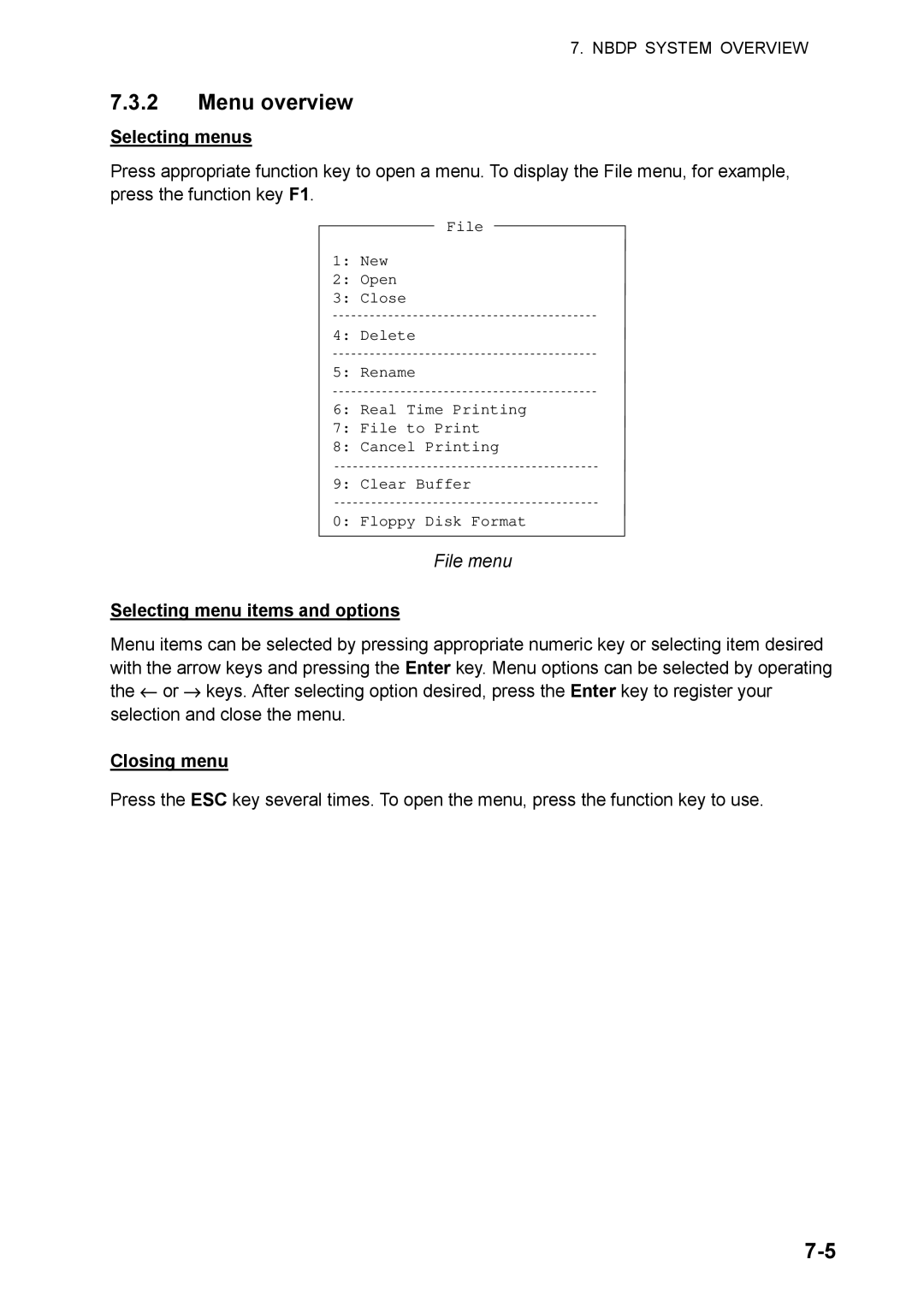 Furuno FS-5070 manual Menu overview, Selecting menus, File menu, Selecting menu items and options, Closing menu 