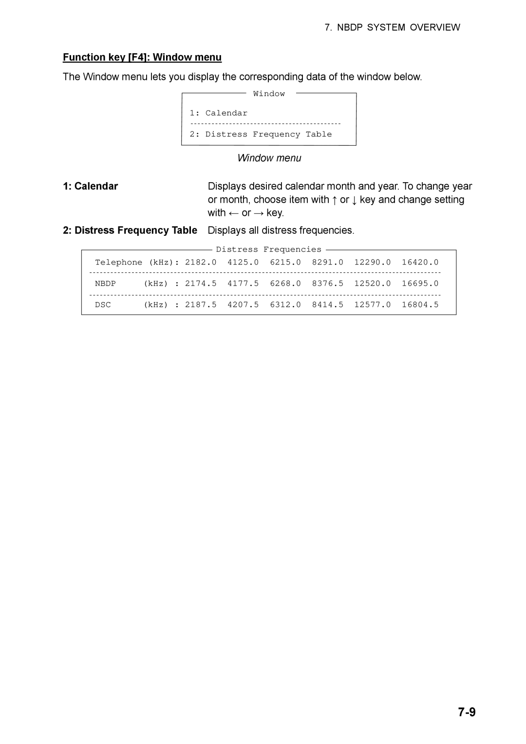 Furuno FS-5070 Function key F4 Window menu, Displays desired calendar month and year. To change year, With ← or → key 