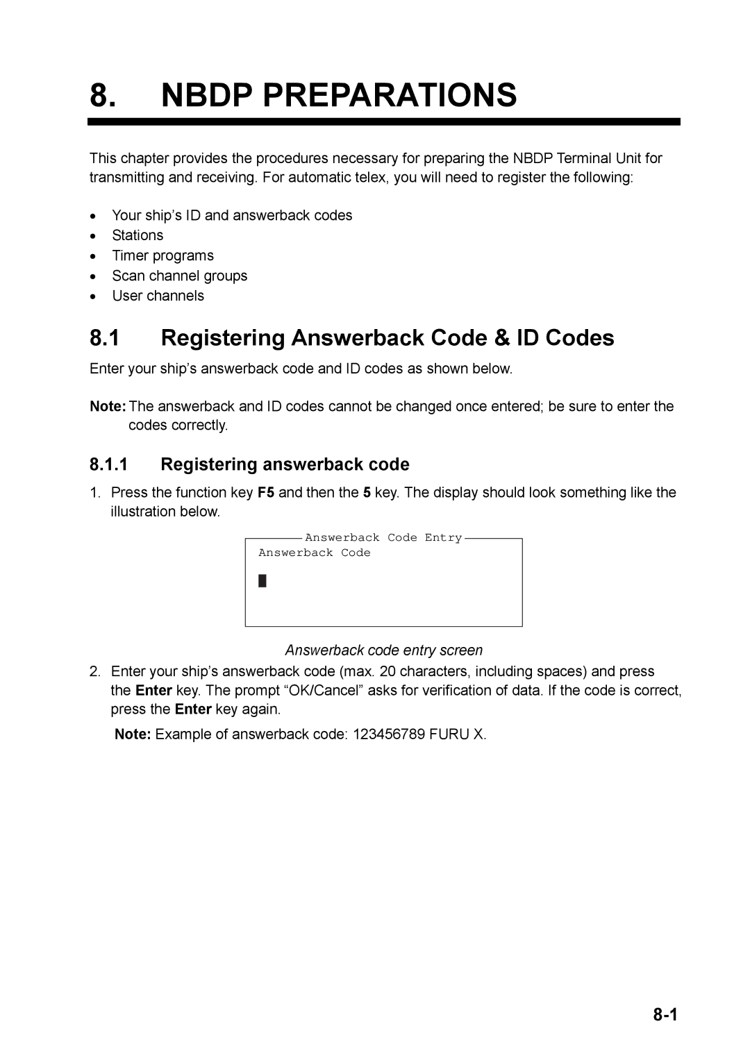 Furuno FS-5070 manual Nbdp Preparations, Registering Answerback Code & ID Codes, Registering answerback code 