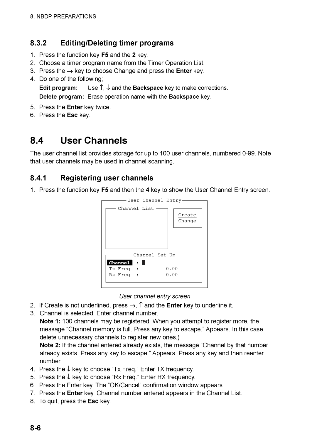 Furuno FS-5070 manual Editing/Deleting timer programs, User channel entry screen 