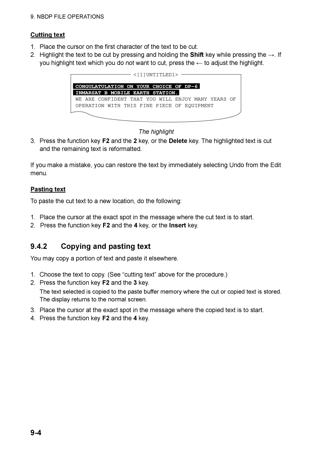 Furuno FS-5070 manual Copying and pasting text, Cutting text, Highlight, Pasting text 