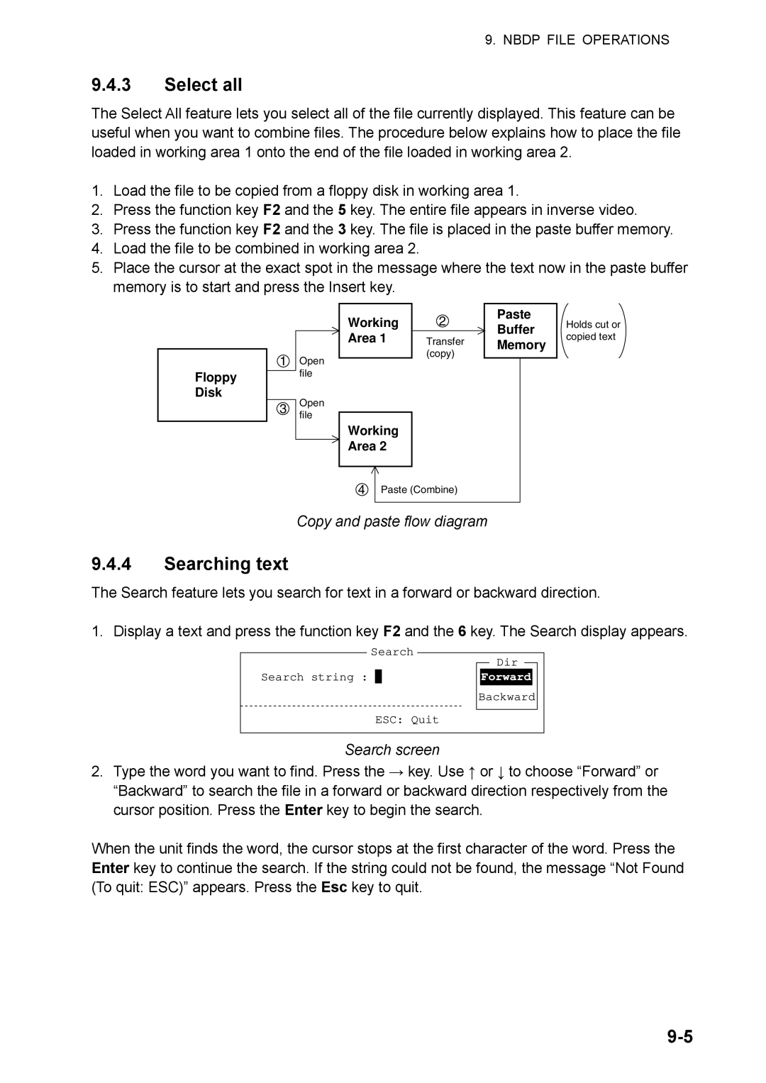 Furuno FS-5070 manual Select all, Searching text, Copy and paste flow diagram, Search screen 