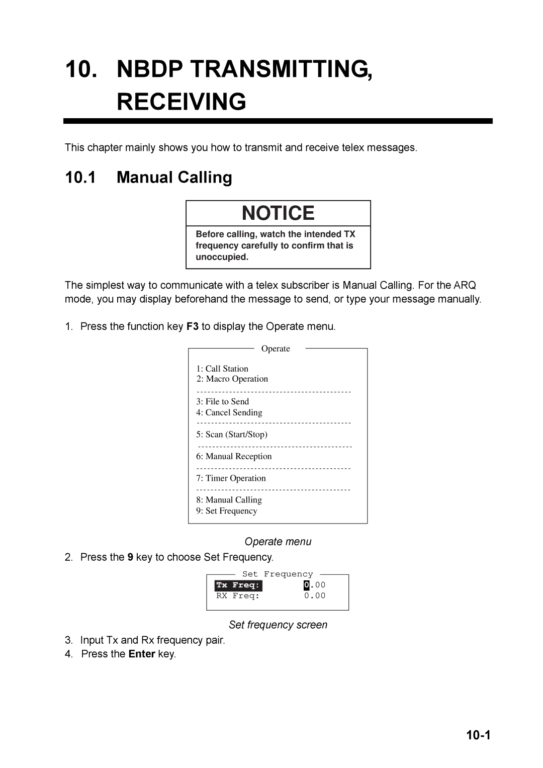 Furuno FS-5070 manual Nbdp TRANSMITTING, Receiving, Manual Calling, 10-1, Set frequency screen 