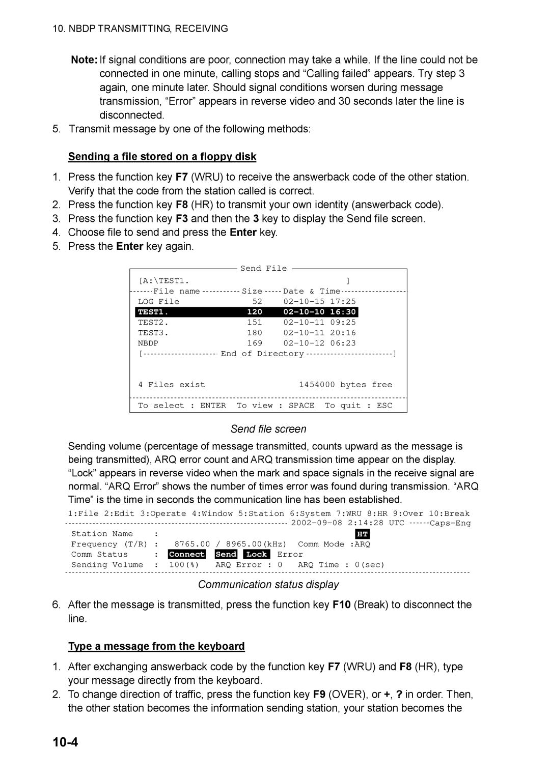 Furuno FS-5070 manual 10-4, Transmit message by one of the following methods, Sending a file stored on a floppy disk 