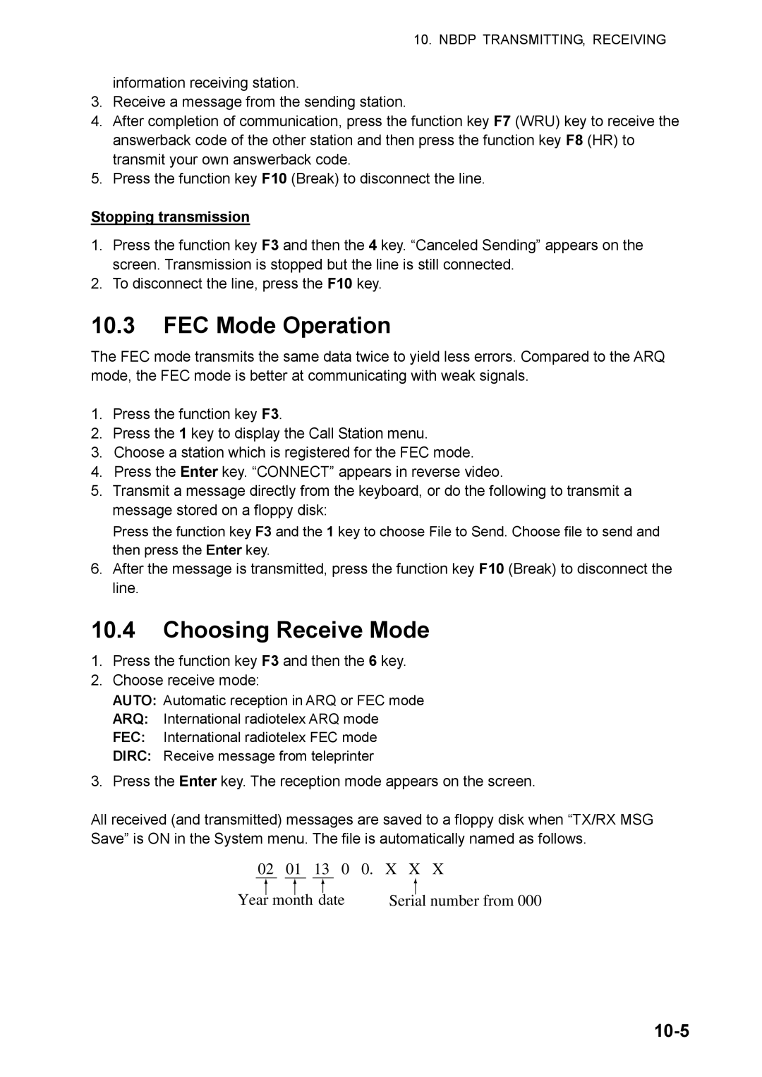 Furuno FS-5070 manual FEC Mode Operation, Choosing Receive Mode, 10-5, Stopping transmission 