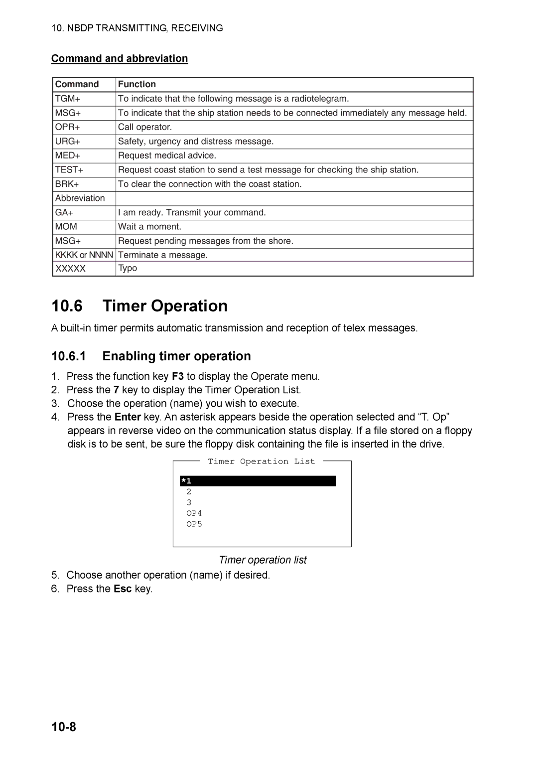 Furuno FS-5070 manual Timer Operation, Enabling timer operation, 10-8, Command and abbreviation, Timer operation list 