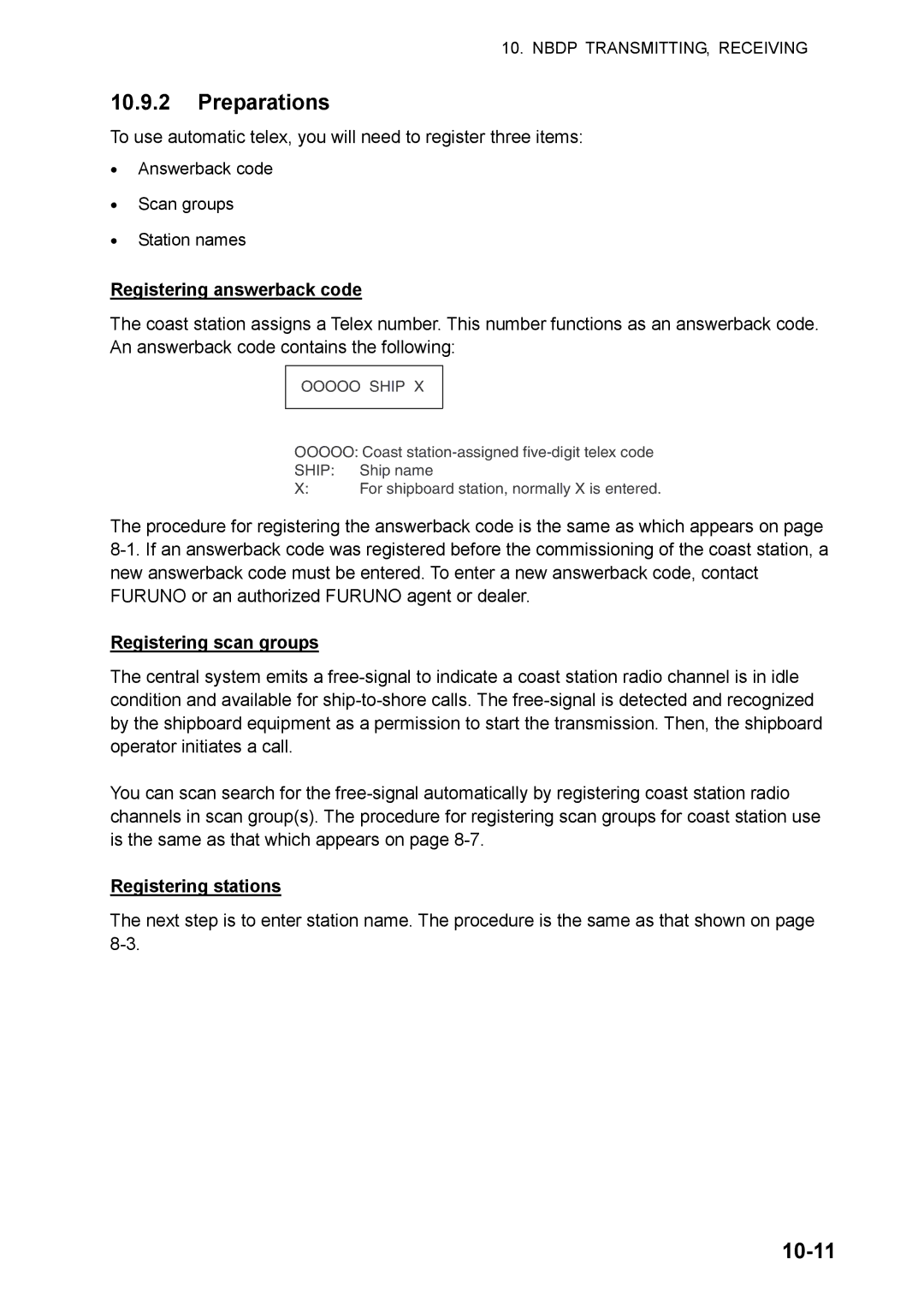 Furuno FS-5070 manual Preparations, 10-11, Registering answerback code, Registering scan groups, Registering stations 