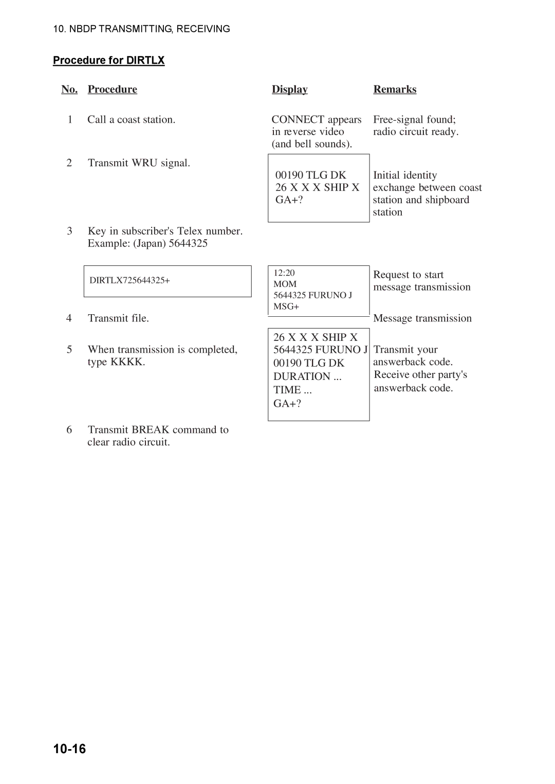 Furuno FS-5070 manual 10-16, Procedure for Dirtlx 