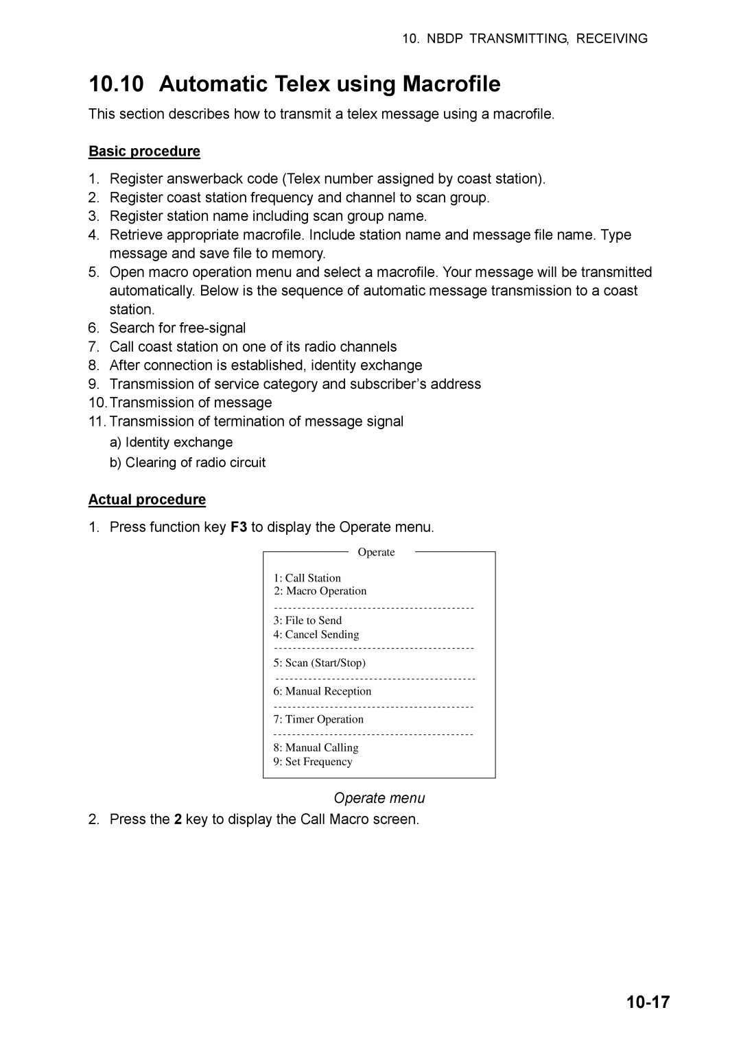 Furuno FS-5070 manual Automatic Telex using Macrofile, 10-17, Basic procedure, Actual procedure 