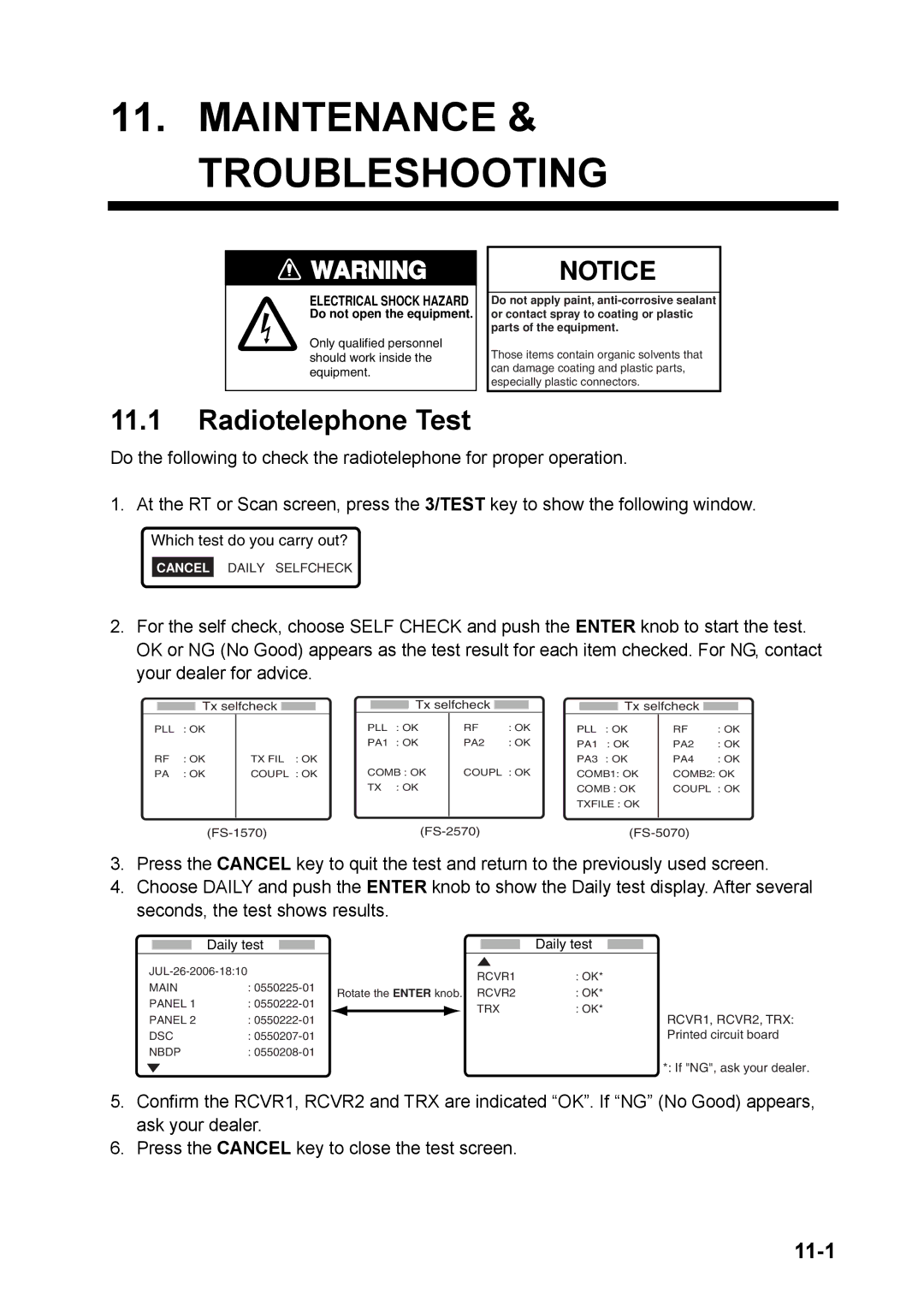 Furuno FS-5070 manual Maintenance & Troubleshooting, Radiotelephone Test, 11-1 