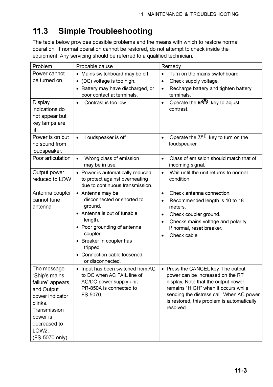 Furuno manual Simple Troubleshooting, 11-3, FS-5070 only 