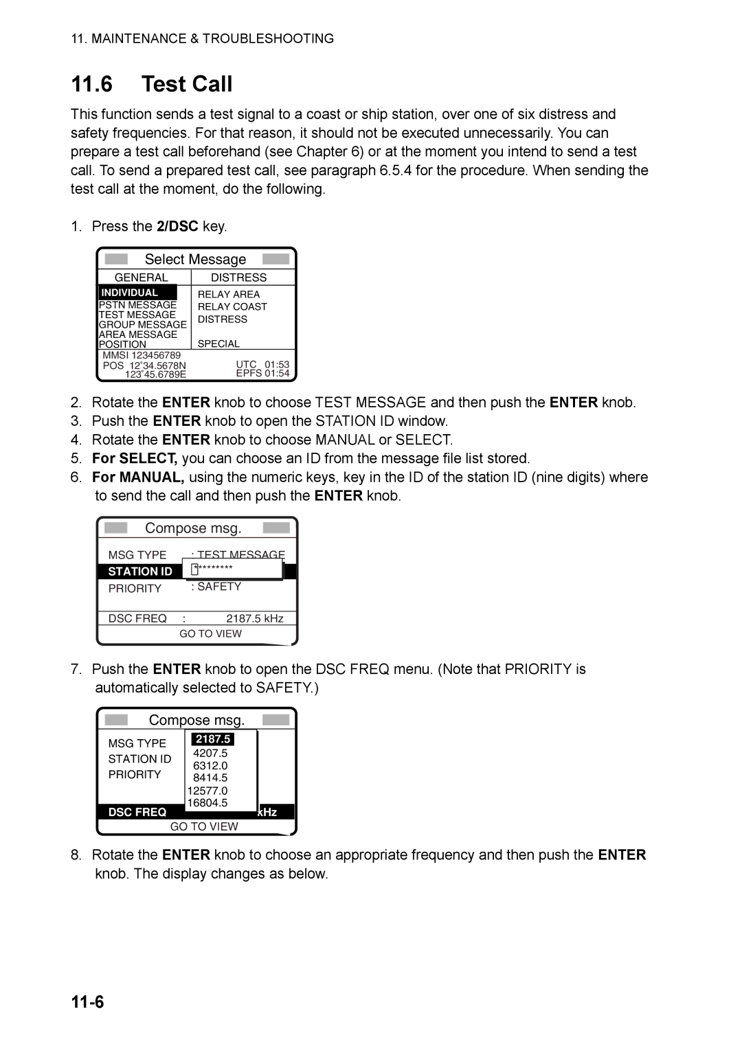 Furuno FS-5070 manual Test Call, 11-6 